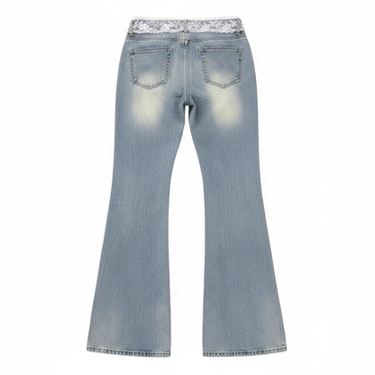 Retro Plus American Low Waist Extended Bell Bottom Jeans Women Summer New High Street Slim Fit Commute Floor-Length Lace
