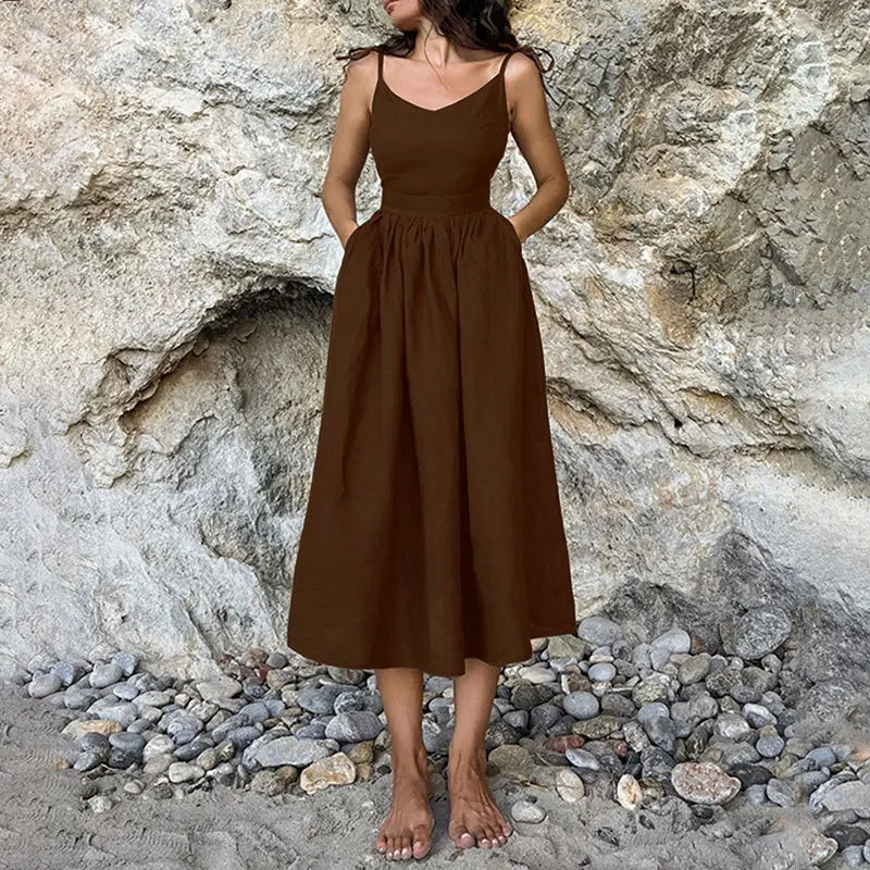 The Jenny Dress, Sleeveless Backless Long Dresses Women, S-3XL, V-Neck Solid Chic Holiday Beach Dresses Vintage - Mod Yours