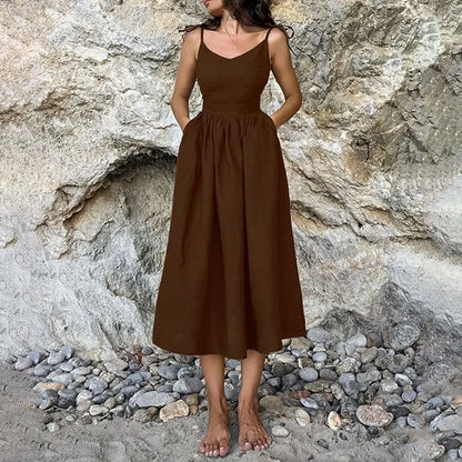 The Jenny Dress, Sleeveless Backless Long Dresses Women, S-3XL, V-Neck Solid Chic Holiday Beach Dresses Vintage - Mod Yours