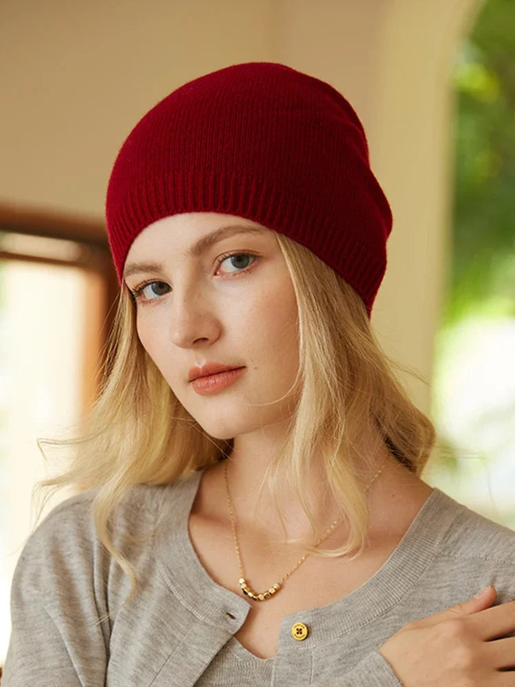 100% Cashmere Beanies Ribbed Hem Women Unibody Caps Knit to Shape Hat Autumn Winter Basic Real Cashmere Warm Hair Bonnet 2023