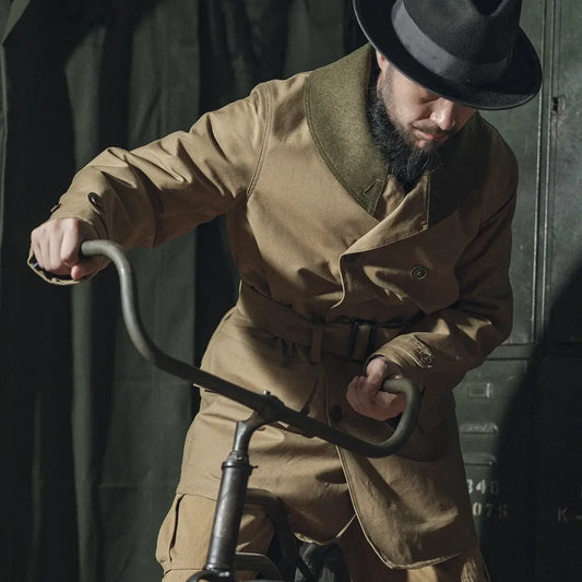 Rugged Bronson 1938 Mackinaw Coat with Woolen Lining Winter Heavy-Duty Men's Parka worn while riding a bicycle.