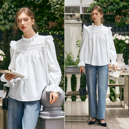 OLrain Long Puffed Sleeves Shirts Women Loose Straight Blouses 2026 Autumn New Solid Lace Neck Chiffon Office Lady M56QC93093 - Mod Yours