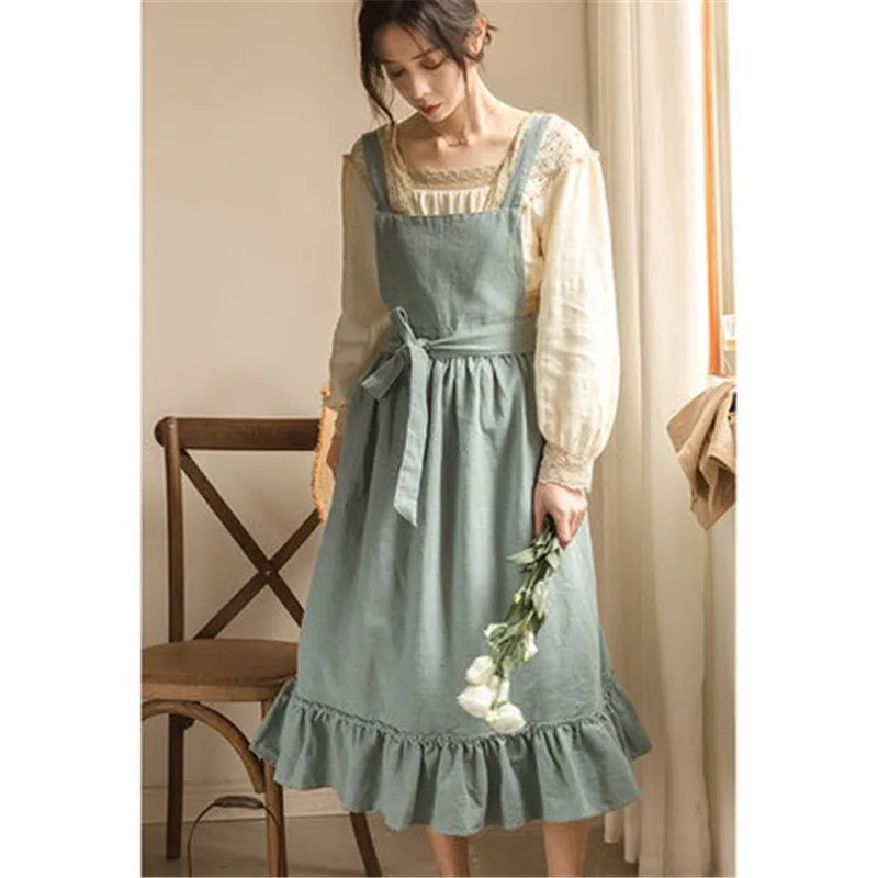 French Retro Pastoral Style Apron for Women's Home Kitchen Cleaning Anti Fouling Apron Flower Shop Studio Flounce Work Clothes - Mod Yours