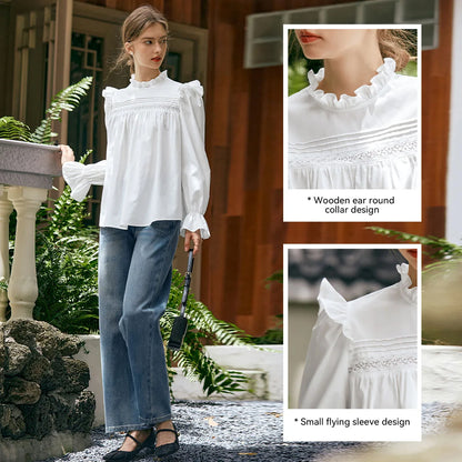 OLrain Long Puffed Sleeves Shirts Women Loose Straight Blouses 2026 Autumn New Solid Lace Neck Chiffon Office Lady M56QC93093 - Mod Yours