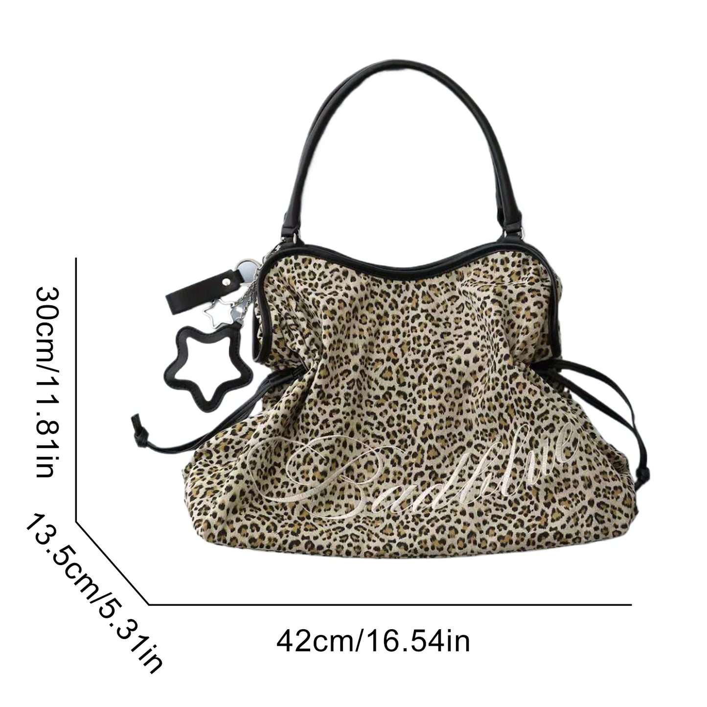 BadBlue Embroidered Leopard Print Tote Bag Large Capacity Shoulder Bag with Star Mirror Pendant Y2K Trendy Women Handbag