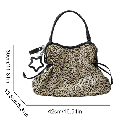BadBlue Embroidered Leopard Print Tote Bag Large Capacity Shoulder Bag with Star Mirror Pendant Y2K Trendy Women Handbag