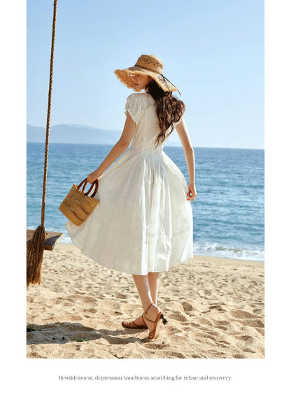 Sweet French White Midi Dress, Summer Embroidery Cotton - Mod Yours