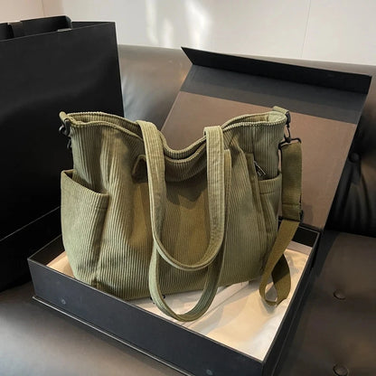 Women Corduroy Tote Bag Casual Multi Pocket Handbag Adjustable Strap Crossbody Sling Bag Zipper Shoulder Bag