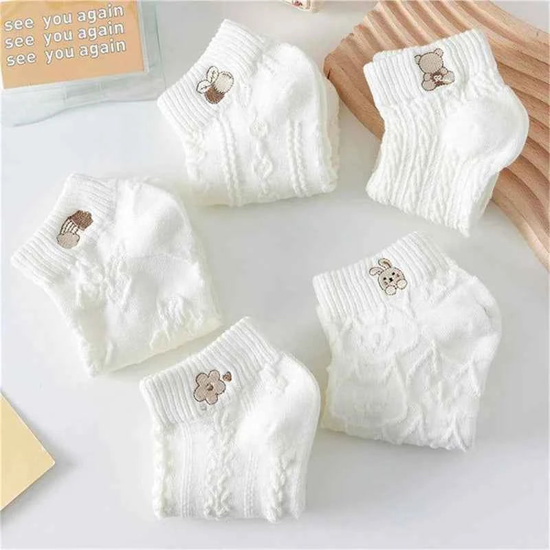 5pairs Women Socks Spring Summer Cute Bear Rabbit Rainbow Print Ankle Socks Casual Short Socks