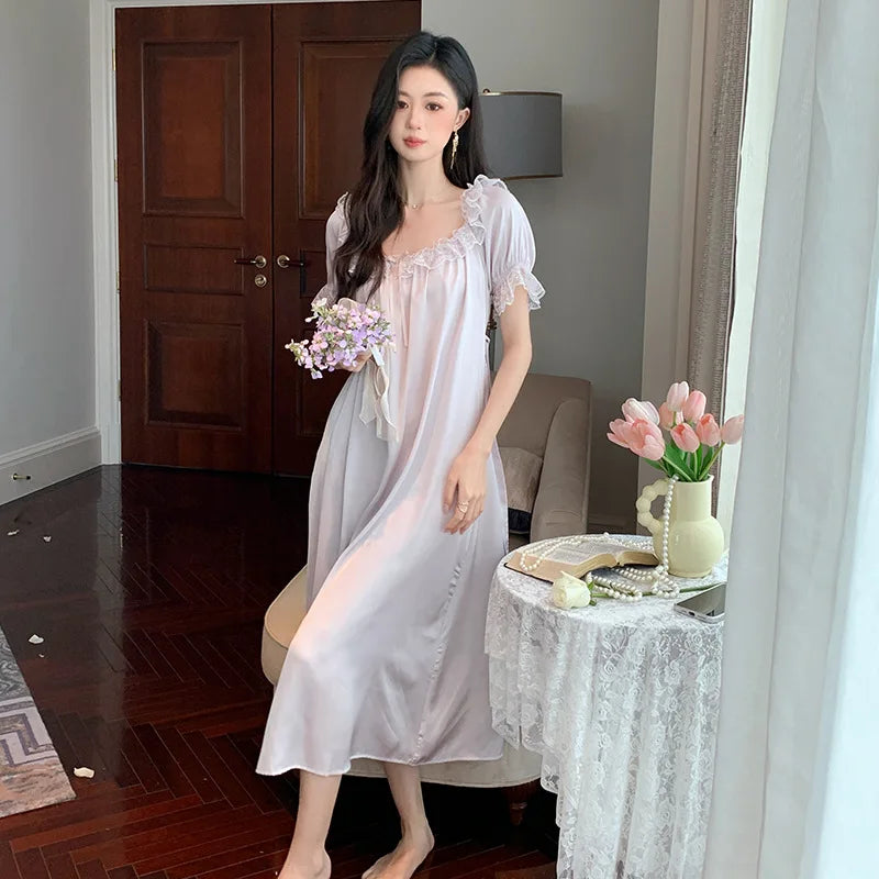 Sweet Ice Silky Nightdress, Women Satin Round Neck Nightgown Princess Sleepwear Nightwear Sexy Short Sleeve Night Dress