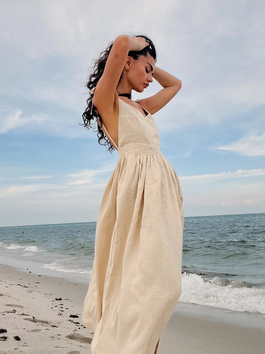 The Jenny Dress, Sleeveless Backless Long Dresses Women, S-3XL, V-Neck Solid Chic Holiday Beach Dresses Vintage - Mod Yours