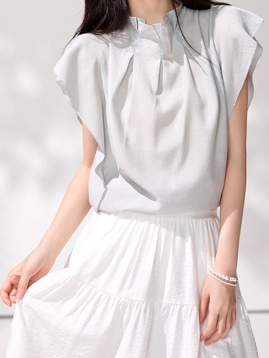 Sheree Ruffled Stand Collar Pleated Women's T-shirt - Mod Yours