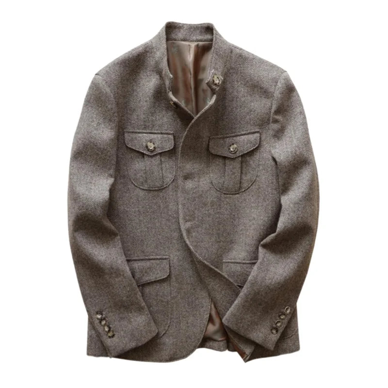 Vintage British Herringbone Tweed Tweed Hunting Casual Stand Collar Multiple Pockets Jacket Men's Suit Thick Everyday Blaze