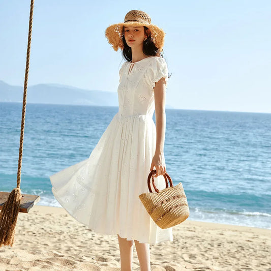 Sweet French White Midi Dress, Summer Embroidery Cotton - Mod Yours