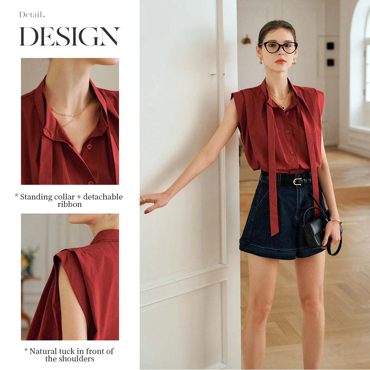 OLrain Women's Summer Red Shirts 2026 Elegant Stand Up Bow Neck Short Sleeve Commuter Ladies Tops Female Clothing O57XC92393 - Mod Yours