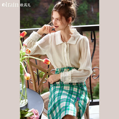 OLrain Puff Sleeve Shirt Women Autumn 2026 Elegant Solid Long Sleeve Tops Pleats Button Lightweight Ladies Blouse O21QC52660 - Mod Yours