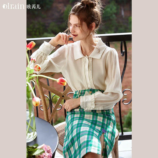 OLrain Puff Sleeve Shirt Women Autumn 2026 Elegant Solid Long Sleeve Tops Pleats Button Lightweight Ladies Blouse O21QC52660 - Mod Yours