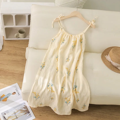Summer Thin Cotton Nightgown Women's Dressy Smocked Strap Sleepwear Floral Print Pure Cotton Gauze Small Size Nightgown