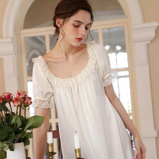 Sweet Ice Silky Nightdress, Women Satin Round Neck Nightgown Princess Sleepwear Nightwear Sexy Short Sleeve Night Dress