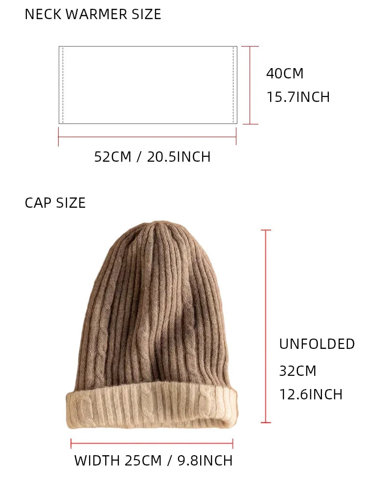 Women 100% Cashmere Tube Scarf Cable Knit Neck Warmer Ring Double Faced Thick Cap Reversible Knitted Beanies Winter 2-Pcs Set