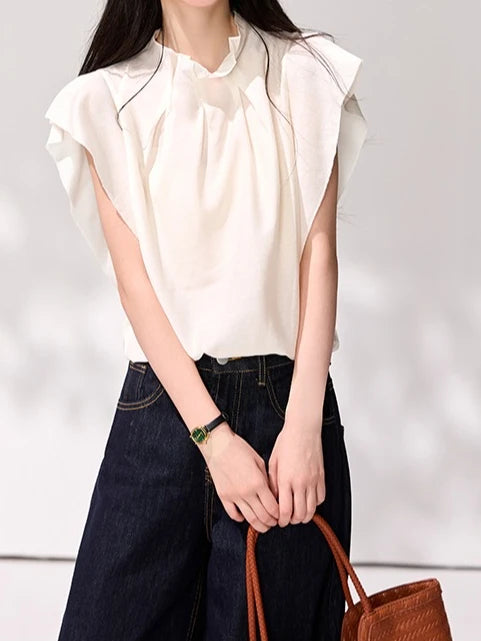 Sheree Ruffled Stand Collar Pleated Women's T-shirt - Mod Yours