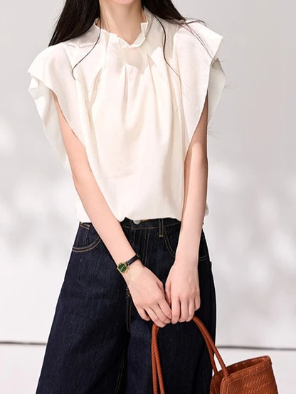 Sheree Ruffled Stand Collar Pleated Women's T-shirt - Mod Yours
