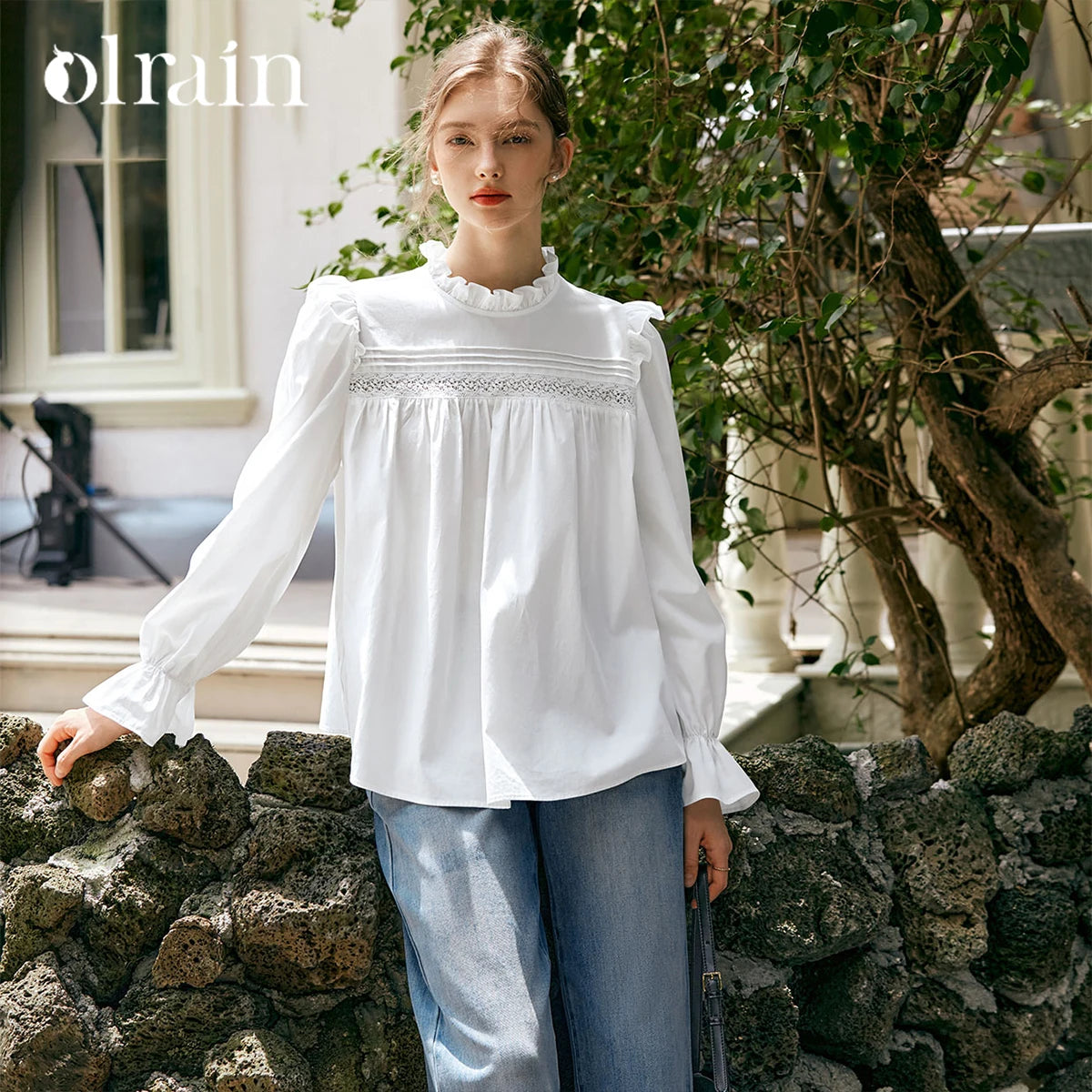 OLrain Long Puffed Sleeves Shirts Women Loose Straight Blouses 2026 Autumn New Solid Lace Neck Chiffon Office Lady M56QC93093 - Mod Yours