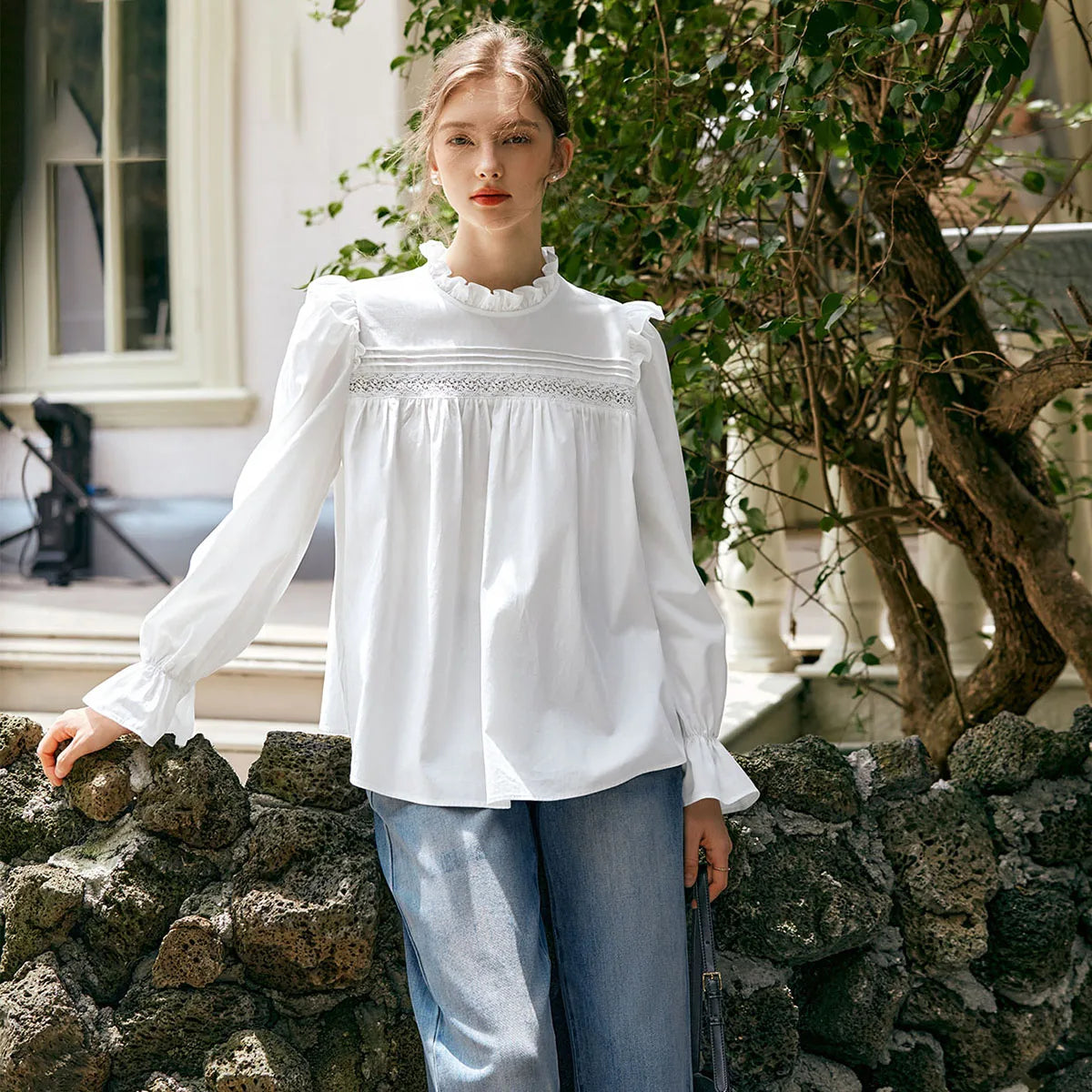 OLrain Long Puffed Sleeves Shirts Women Loose Straight Blouses 2026 Autumn New Solid Lace Neck Chiffon Office Lady M56QC93093 - Mod Yours