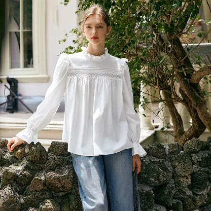 OLrain Long Puffed Sleeves Shirts Women Loose Straight Blouses 2026 Autumn New Solid Lace Neck Chiffon Office Lady M56QC93093 - Mod Yours