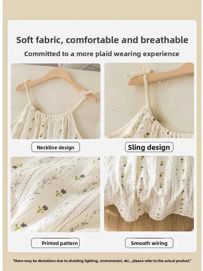 Summer Thin Cotton Nightgown Women's Dressy Smocked Strap Sleepwear Floral Print Pure Cotton Gauze Small Size Nightgown
