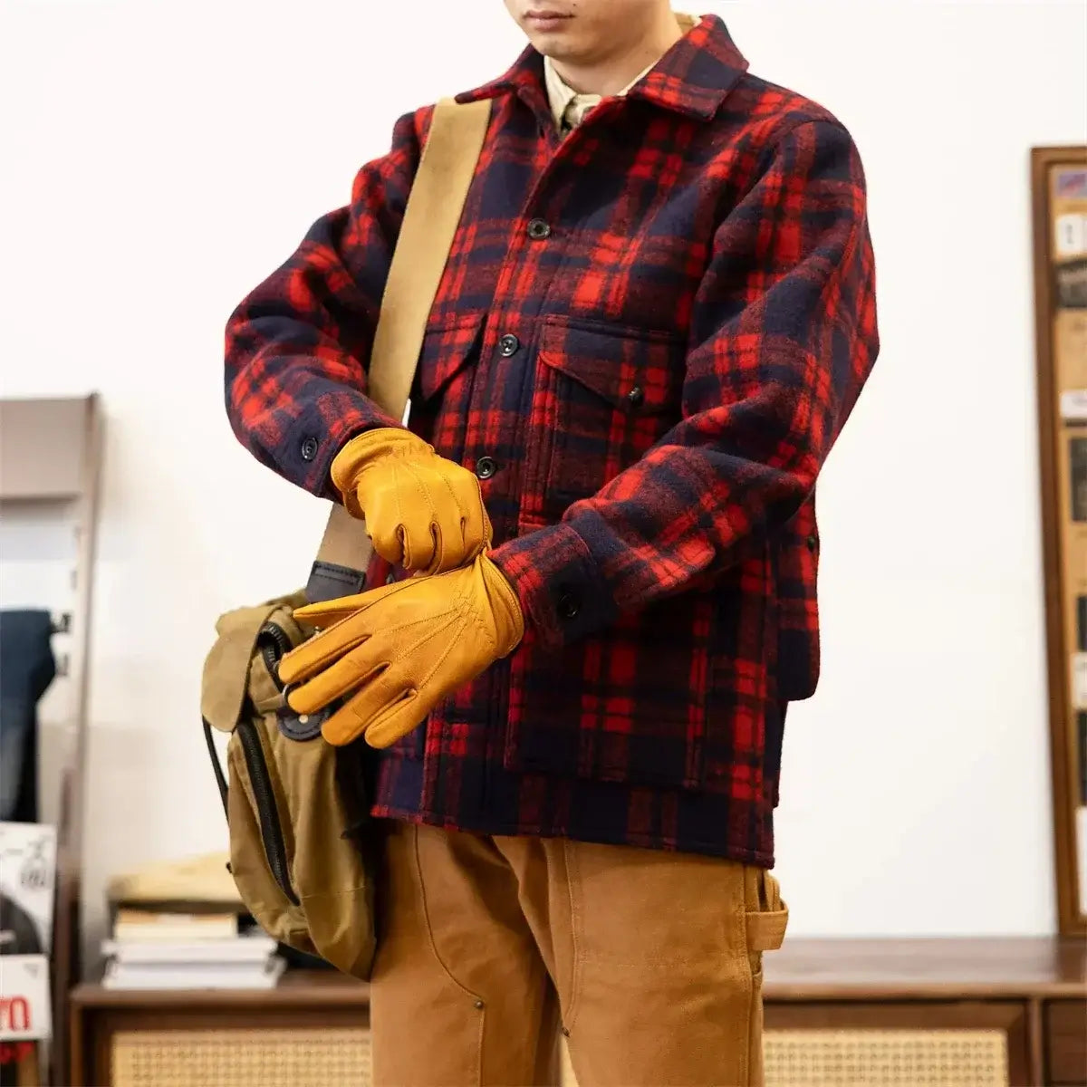 Red Tornado Woolen Plaid Jacket, Heritage Style Mens Red/Blue Checked Work Coat Thick Flannel on a model.