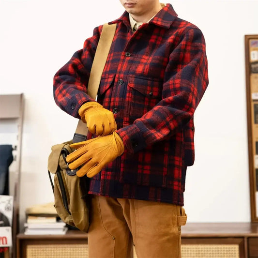 Red Tornado Woolen Plaid Jacket, Heritage Style Mens Red/Blue Checked Work Coat Thick Flannel on a model.