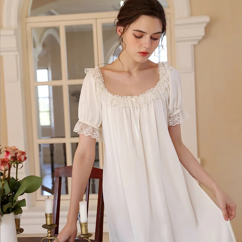Sweet Ice Silky Nightdress, Women Satin Round Neck Nightgown Princess Sleepwear Nightwear Sexy Short Sleeve Night Dress