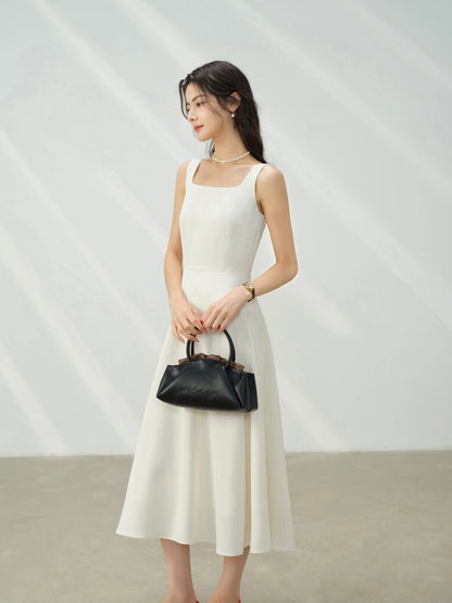 Elegant White Maxi Dress Square Neck Sleeveless Long Dress Summer Slim Fit Waist Dress for Petite Women Hepburn Style Fashion - Mod Yours