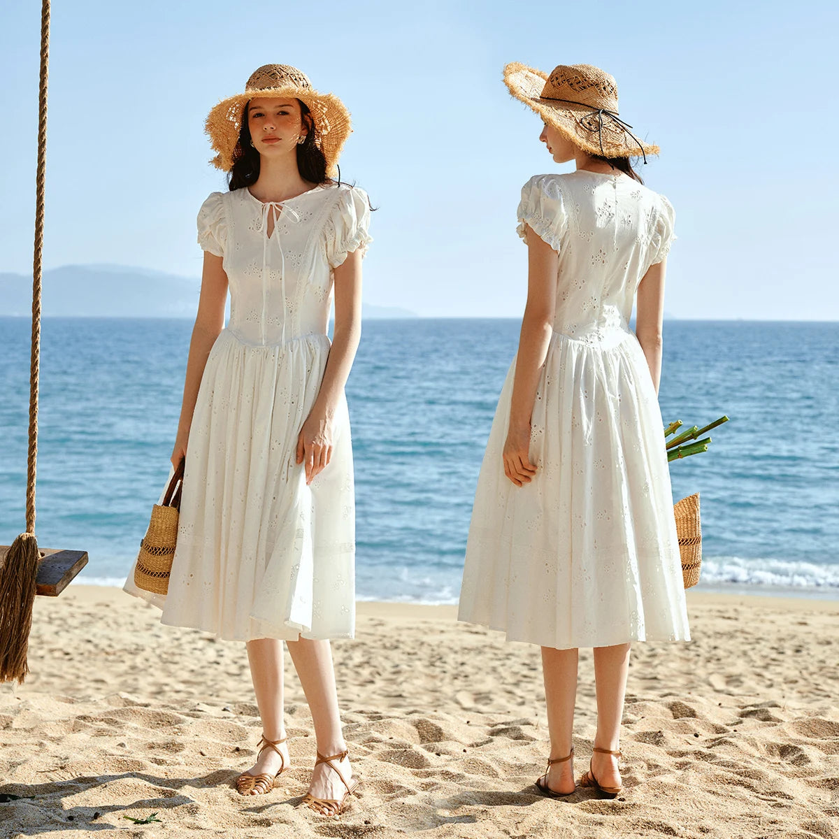 Sweet French White Midi Dress, Summer Embroidery Cotton - Mod Yours