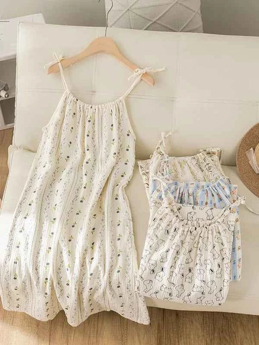 Summer Thin Cotton Nightgown Women's Dressy Smocked Strap Sleepwear Floral Print Pure Cotton Gauze Small Size Nightgown