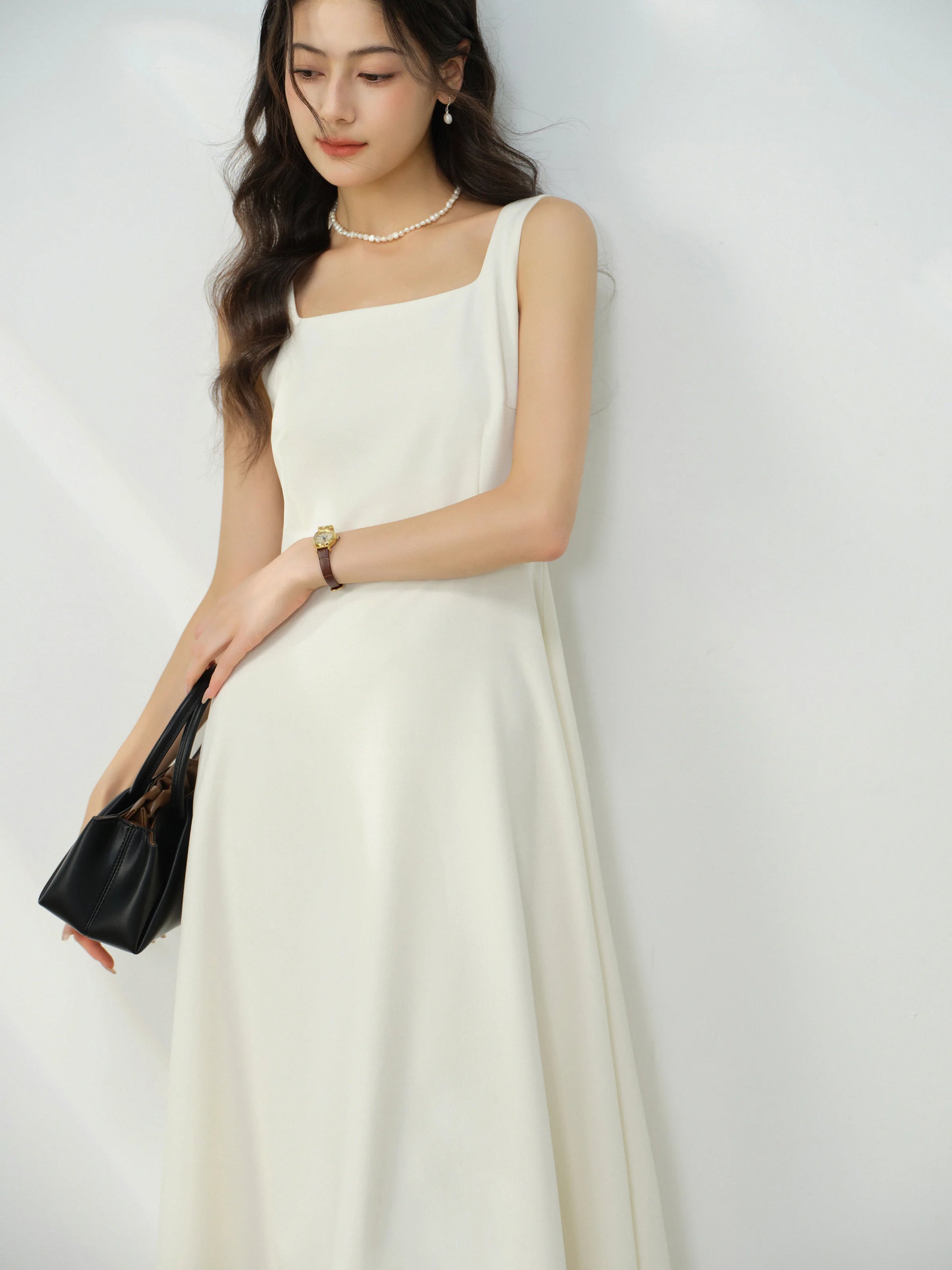 Elegant White Maxi Dress Square Neck Sleeveless Long Dress Summer Slim Fit Waist Dress for Petite Women Hepburn Style Fashion - Mod Yours