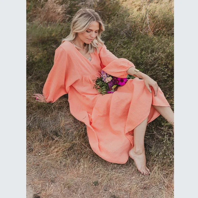 100% Cotton Gauze Muslin Night Dress For Women Sexy V-Neck Long Sleeve Maxi Party Birthday Dress Beach Boho Sundress
