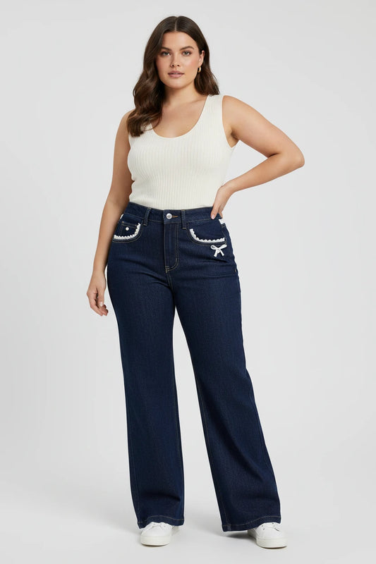 Retro Dark Blue Denim Pants for Women Spring Autumn Sweet Lace Bow Jeans Female American Style Straight Loose Wide Leg Pants