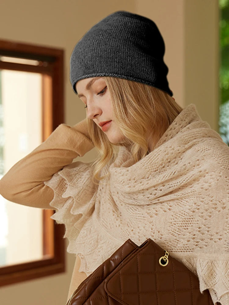 Unibody 100% Cashmere Beanies Simple Basic Solid Women Caps Rolled Hem Hat Knit Hat Winter Spring Warm Sleep Unisex Hair Bonnet
