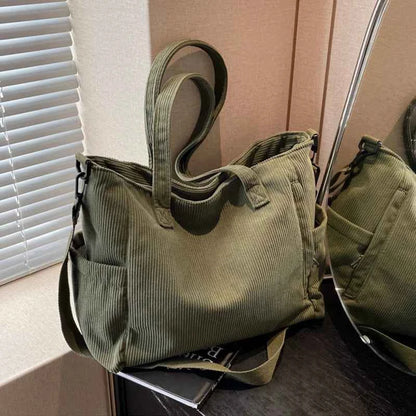 Women Corduroy Tote Bag Casual Multi Pocket Handbag Adjustable Strap Crossbody Sling Bag Zipper Shoulder Bag Fall Winter Bag