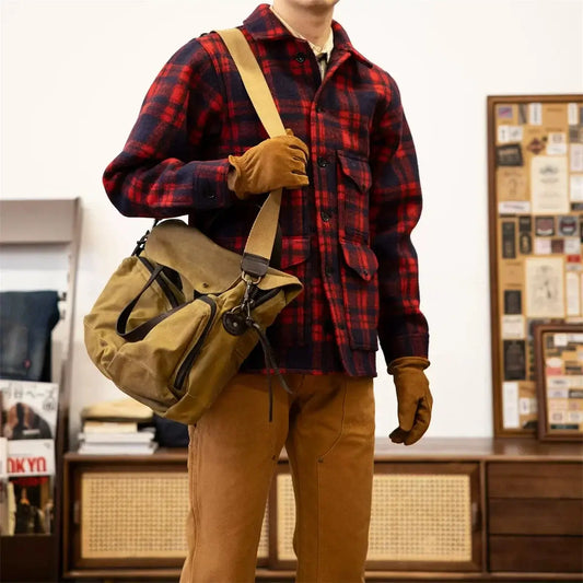 Red Tornado Woolen Plaid Jacket, Heritage Style Mens Red/Blue Checked Work Coat Thick Flannel worn with a messenger bag.