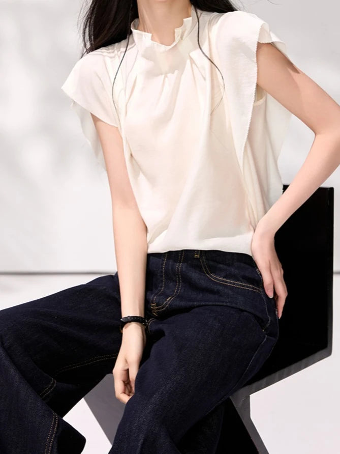 Sheree Ruffled Stand Collar Pleated Women's T-shirt - Mod Yours