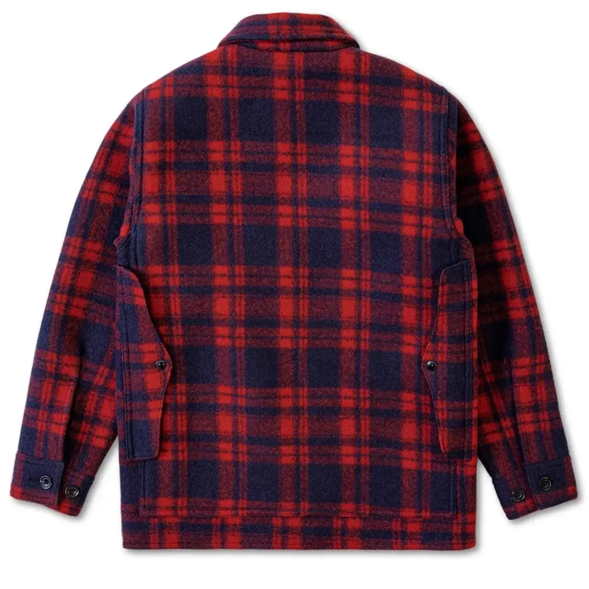 Back view of the Red Tornado Woolen Plaid Jacket, Heritage Style Mens Red/Blue Checked Work Coat Thick Flannel.