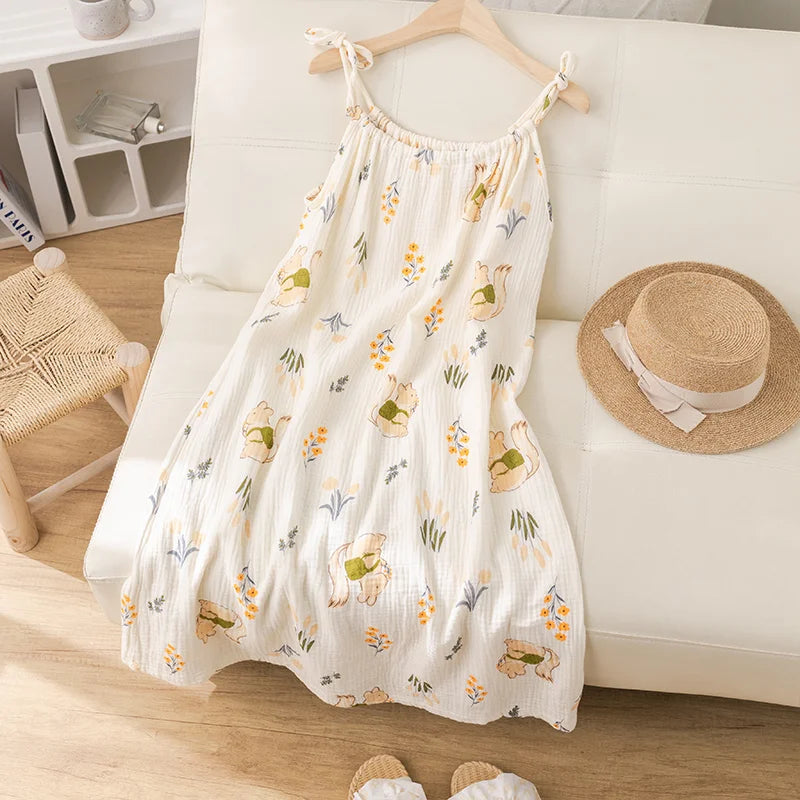 Summer Thin Cotton Nightgown Women's Dressy Smocked Strap Sleepwear Floral Print Pure Cotton Gauze Small Size Nightgown