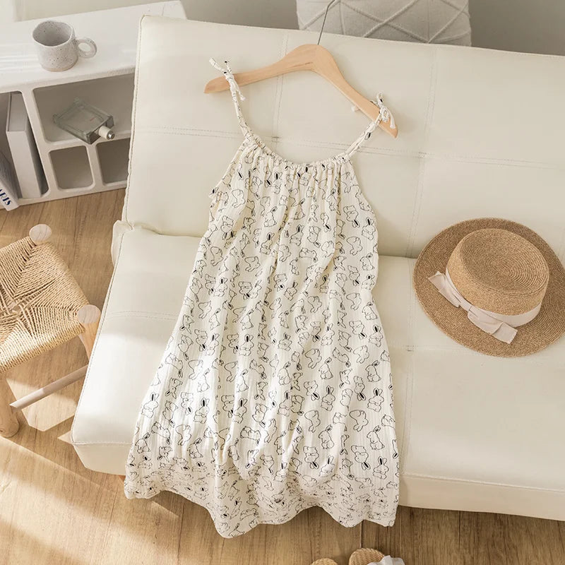 Summer Thin Cotton Nightgown Women's Dressy Smocked Strap Sleepwear Floral Print Pure Cotton Gauze Small Size Nightgown