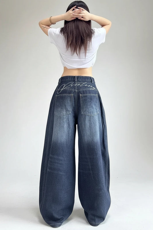 Stylish Chic Elegant Embroidered Patchwork Jeans Women Vintage Washed Draping Denim Straight Loose Fit Slimming Versatile Pants