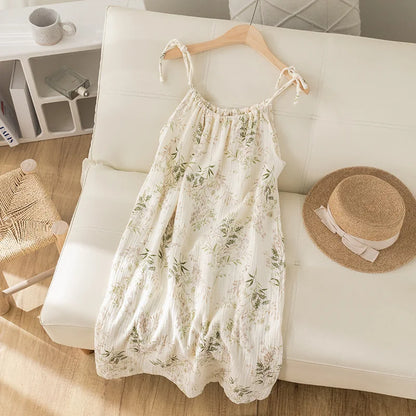 Summer Thin Cotton Nightgown Women's Dressy Smocked Strap Sleepwear Floral Print Pure Cotton Gauze Small Size Nightgown