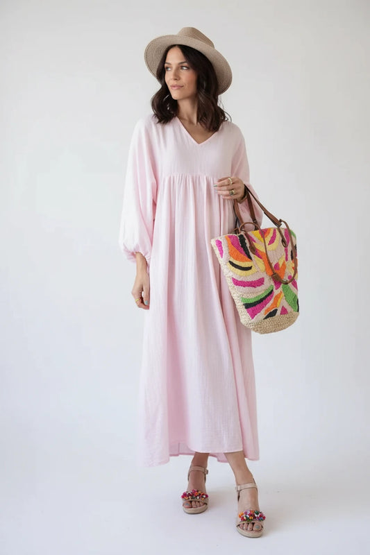 Ellini 100% Cotton Muslin Dress For Women Sexy V-Neck Long Sleeve Maxi Boho Sundress