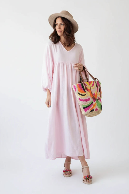 Bellini 100% Cotton Muslin Dress For Women, V-Neck Long Sleeve Maxi Beach Boho Sundress